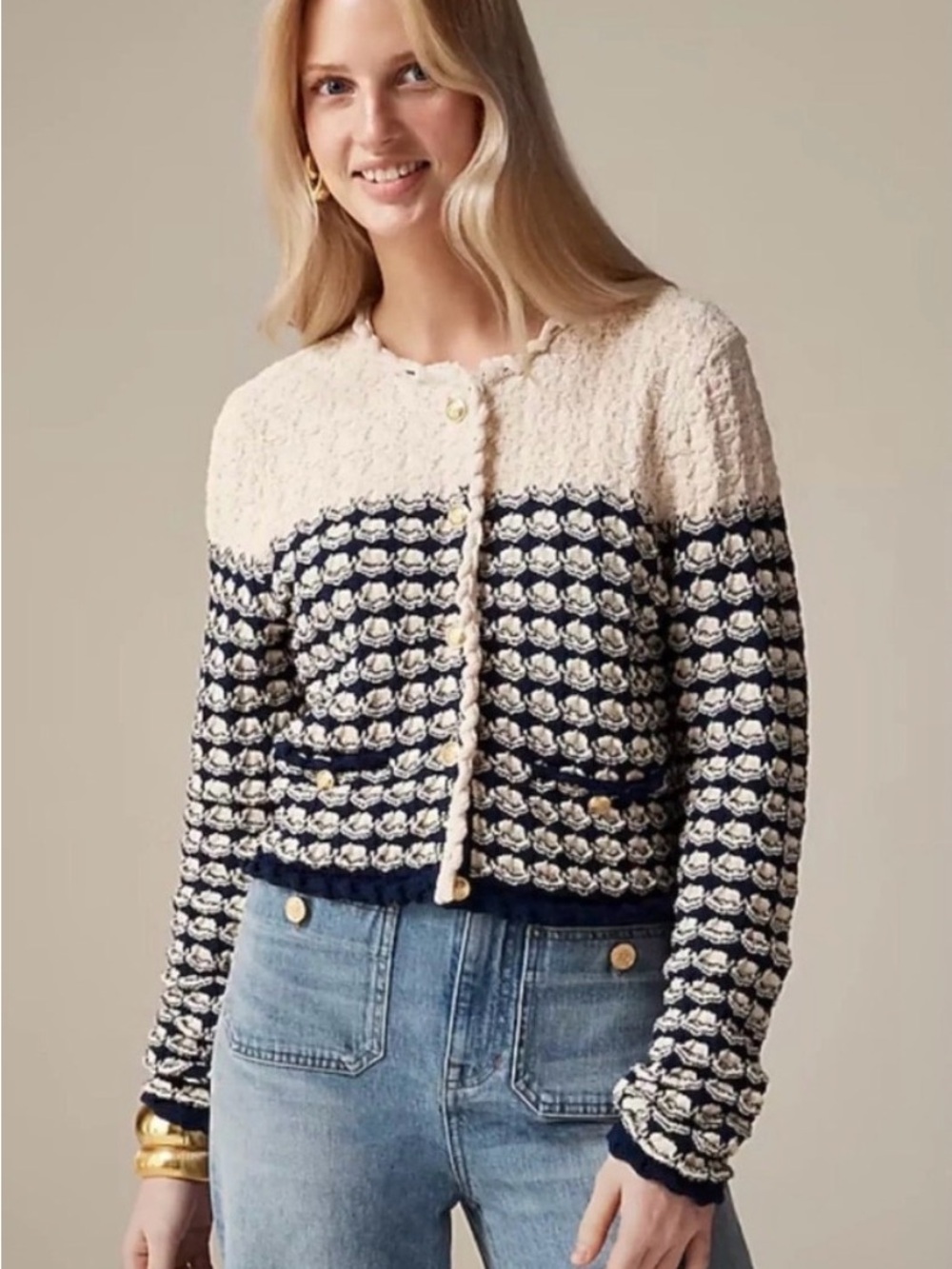 J. Crew Cream and Navy Textured Knit Cardigan